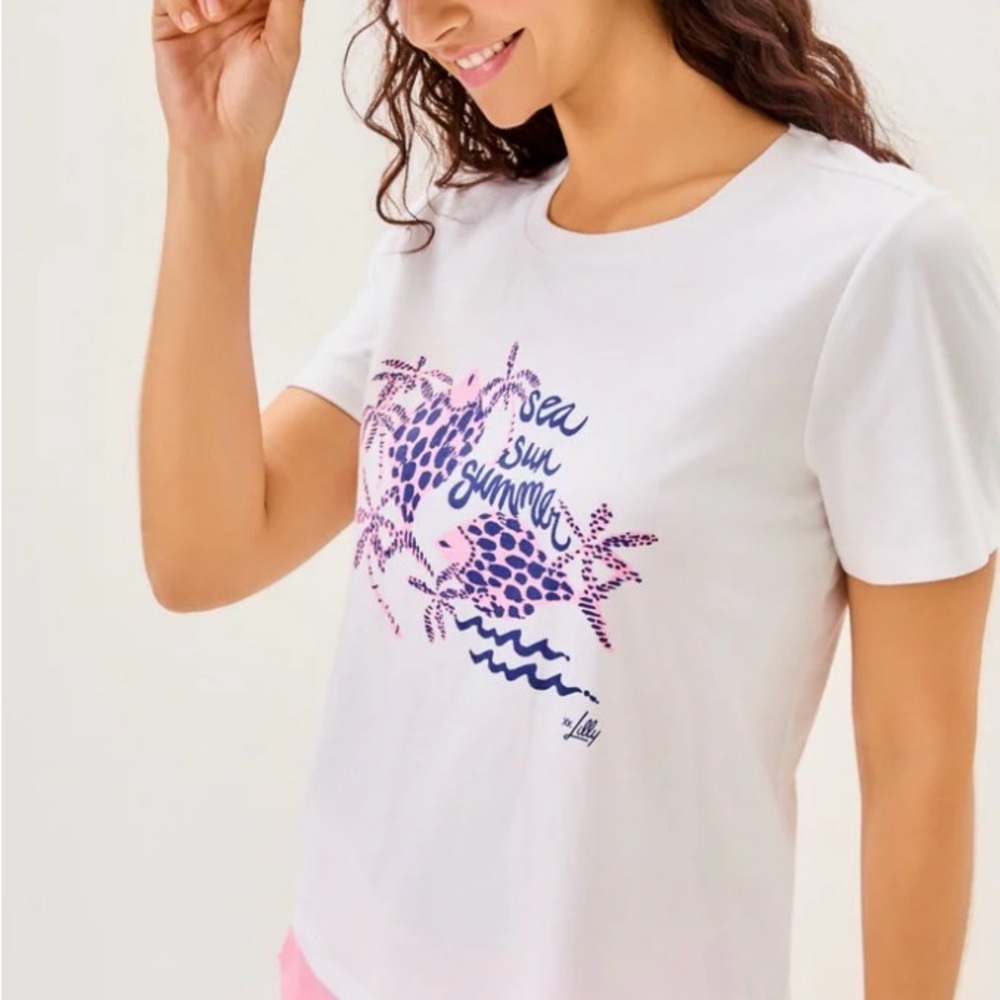 Lilly Pulitzer Barreto Knit Top White Graphic Tee Pink Navy Print Summer fun NWT